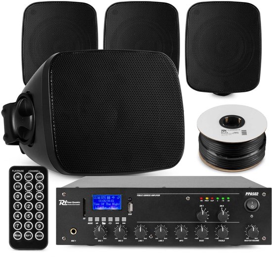 Power Dynamics set van 4 buiten speakers - 2-zone versterker met mini speakers - Bluetooth - Zwart