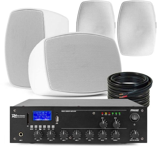 Power Dynamics set van 4 buiten speakers en 2-zone 100V versterker met Bluetooth - Wit