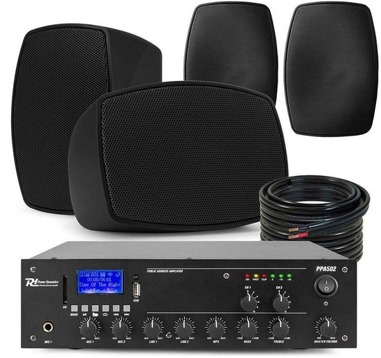 Power Dynamics set van 4 buiten speakers en 2-zone 100V versterker met Bluetooth - Zwart