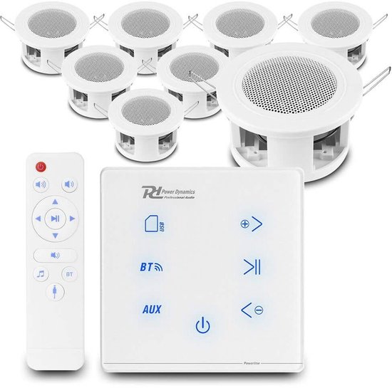 Power Dynamics set van 8 CSBA3L plafondspeakers met de A100W inbouw versterker - Bluetooth - 4x 20W