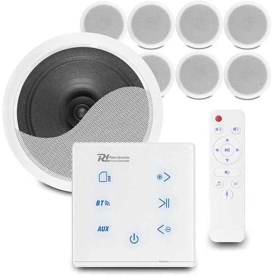 Power Dynamics set van 8 CSPS6 plafondspeakers met de A100W inbouw versterker - Bluetooth - 4x 20W