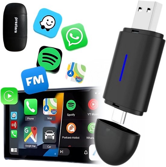 Prestara CarPlay Dongle – Draadloos Apple CarPlay & Android Auto van Merkloos