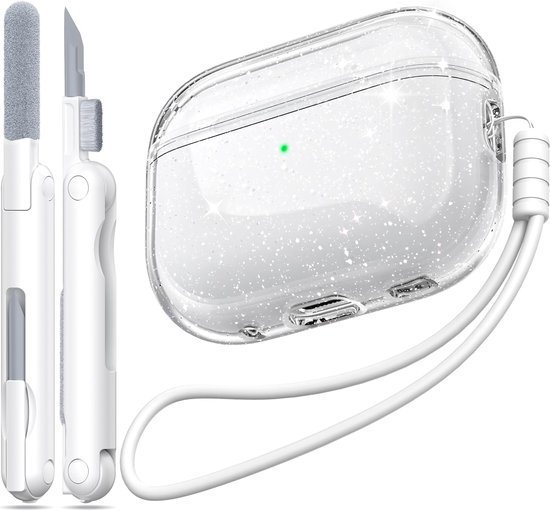 Pro 2e/1e generatie hoes, compatibel met Airpods Pro Case 2e generatie USB C-oplaadpoort, doorzichtige zachte schokbestendige hoes met sleutelkoordreinigingspen,Glitters