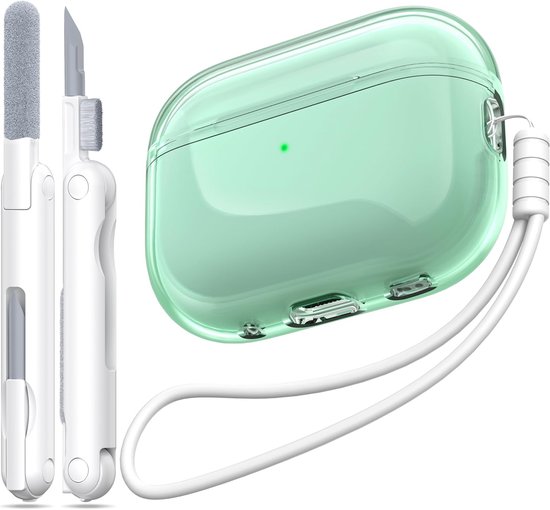 Pro 2e/1e generatie hoes, compatibel met Airpods Pro Case 2e generatie USB C-oplaadpoort, doorzichtige zachte schokbestendige hoes met sleutelkoordreinigingspen,Groente