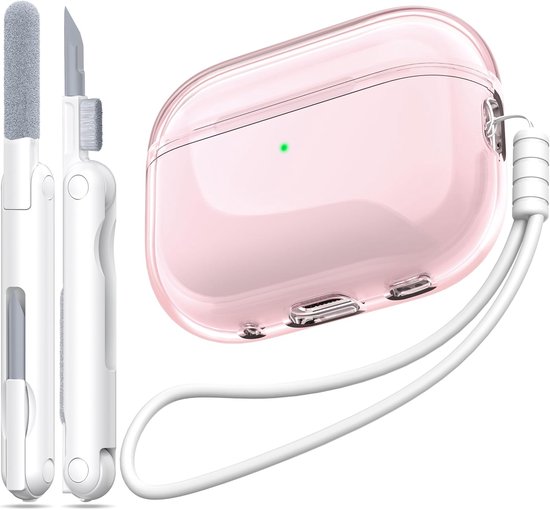 Pro 2e/1e generatie hoes, compatibel met Airpods Pro Case 2e generatie USB C-oplaadpoort, doorzichtige zachte schokbestendige hoes met sleutelkoordreinigingspen,Roze