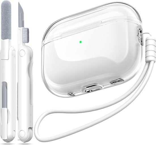 Pro 2e/1e generatie hoes, compatibel met Airpods Pro Case 2e generatie USB C-oplaadpoort, doorzichtige zachte schokbestendige hoes met sleutelkoordreinigingspen,Wit