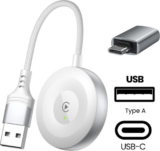 Provium Carplay Dongle - voor Apple Carplay - Draadloos - Draadloze verbinding - alleen voor Apple Carplay voor iPhone - USB en USB-C - rond - wit van Pro