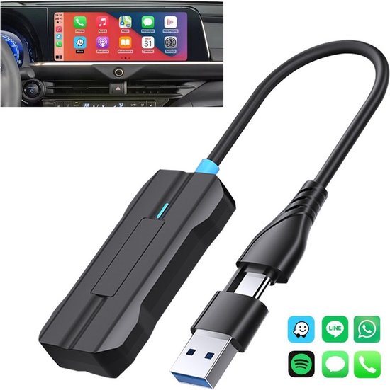 Provium Carplay Dongle - voor Apple Carplay en Android Auto - Draadloos - Draadloze verbinding voor o.a. iPhone en Samsung - compact - USB of USB-C aansluiting - zwart van Provium