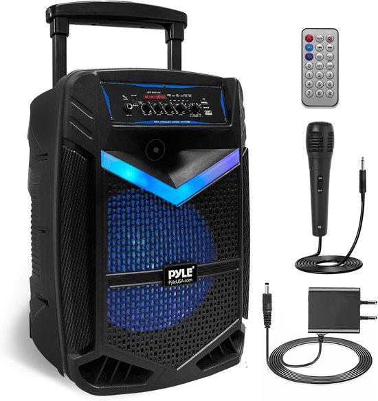 Pyle Bluetooth Luidspreker, Draagbare speaker met Wielen, 1200 W, Knipperende Lichten, Draadloos, Oplaadbare Partybox, Inclusief afstandsbediening, Voedingsadapter en Bekabelde Microfoon van Pyle