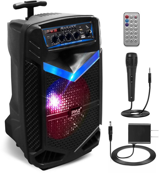 Pyle Bluetooth Luidspreker,Draagbare Speaker met Wielen,400 W,Knipperende Lichten,Incl. Afstandsbediening,Stroomadapter en Bekabelde Microfoon