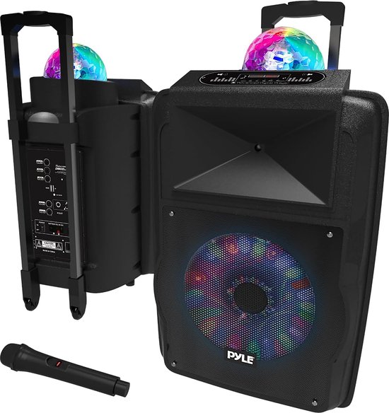 Pyle Bluetooth Luidsprekersysteem – Draagbaar Speaker met Wielen-700 W- Draadloos Luidspreker en Microfoonset met Bluetooth- MP3-USB -Micro SD- FM Radio-DJ-Verlichting van Merkloos