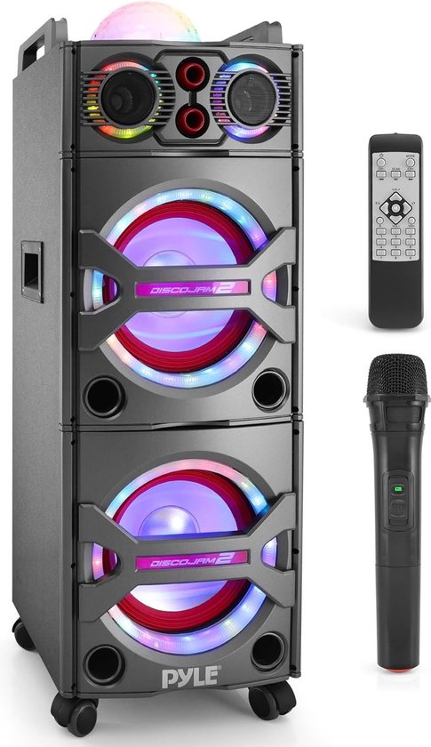 Pyle Bluetooth Luidsprekersysteem –Draagbare Speaker met Wielen- 2000W- Bluetooth Outdoor Speaker-Microfooningang- Feestverlichting- USB SD-Kaartlezer- AUX/RCA/FM-Radio