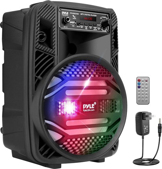 Pyle Speaker, Draagbare Bluetooth Luidspreker, Oplaadbare PA Systeem, 300W, Microfooningang, Radio, USB, MP3, Inclusief Afstandsbediening en Stroomadapter, Met DJ-Lichten, Zwart van Merkloos