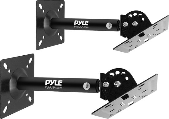 Pyle Speaker Muur- & Plafondbeugels – Set van 2, Zwarte Verstelbare Brackets met Draaibare & Kantelbare Arm, Uitschuifbaar – Voor Surround, Boekenplank- & Satellietspeakers