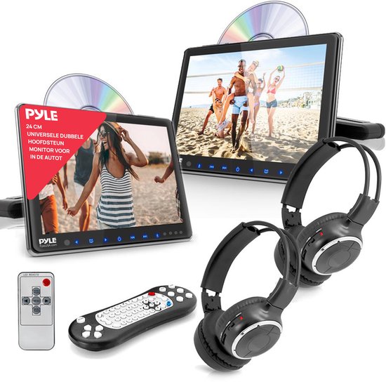 Pyle Universal Car Dual Headrest Monitor - 9.4 Inch Vehicle Multimedia CD DVD Player with Wireless Headphones - Audio Video Entertainment w/HDMI, Wide TV LCD Screen, Mounting Bracket - PLHRDVD90KT van Pyle