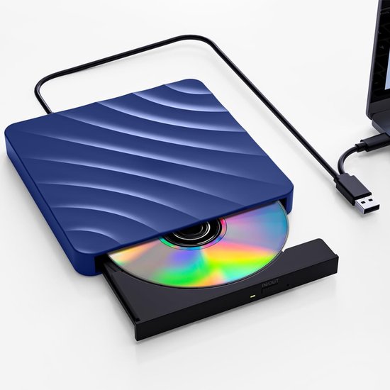 QORA® Externe DVD Speler voor Laptop - Externe DVD Speler - DVD Speler - Blauw - ‎19cm x 17cm x 4cm