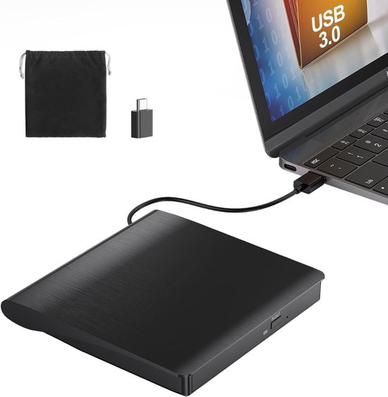 QORA® Externe DVD Speler voor Laptop - Externe DVD Speler - DVD Speler - Zwart - ‎30cm x 30cm x 30cm