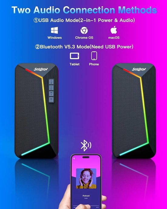 QPFO® Bluetooth PC speakers - 2.0 USB powered computer speakers met Bluetooth 5.3 - R40 stereo luidsprekers voor laptop en desktop van Merkloos
