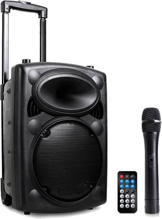 QTX QR10PABT MOBIELE BLUETOOTH PA LUIDSPREKER BOX ACCU TROLLEY USB/SD/VHF 500W