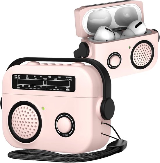Radio Design Hoesje voor AirPods 4 SYJ Roze | Zachte Silicone Vintage Schokabsorptie Beschermer Case met Draaibare Draaggreep Compatibel met AirPods 4