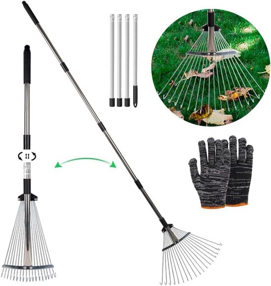 Rake Adjustable with Handle 215 cm Fan Broom Metal Rake Metal Rake with Gloves Garden Rake Fans Lawn Rake for Cleaning Plants Lawn and Yard