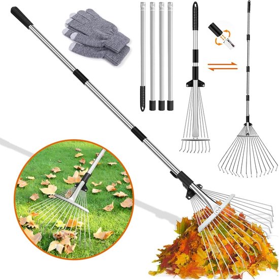 Rake Garden with 2.15 m Adjustable Metal Rod and Gloves Fan Rake Metal Leaf Fan Lawn Rake for Cleaning Plants Lawn and Garden