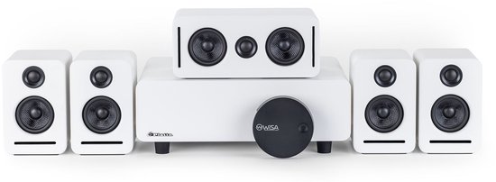 Re-purelife® 5.1 draadloos homecinemasysteem met Dolby Atmos wit - WiSA low latency surround set voor tv, woonkamer en appartement, 43.7 × 40.7 × 36.3 cm