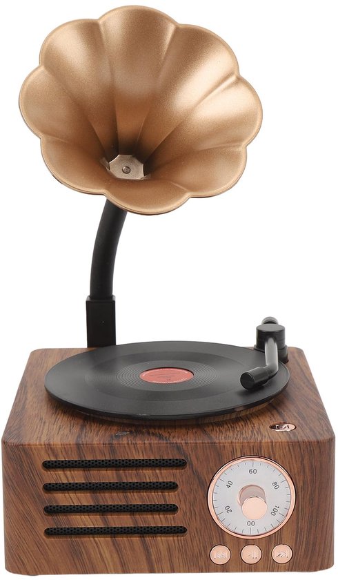 Retro Bluetooth Speaker, 3 in 1 Aux and Radio Vintage Gramophone Phonograph Record Player with Copper Horn, Stereo Speakers for Desk Decoration van Merkloos