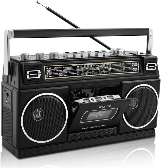 Retro Boombox met Cassette en Radio – Bluetooth Streaming – 24W Dual Fullrange Speaker