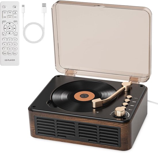 Retro CD Speler - Bluetooth Speaker - Meerdere afspeelmodi - Met Draadloze Verbinding & Afstandsbediening - Bruin - AUX & FM Radio - Voor Huis & Slaapkamer van Merkloos
