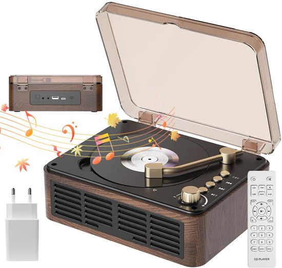 Retro CD-speler met Bluetooth-luidspreker, FM-radio en AUX-ingang, geschikt voor telefoon, laptop, tablet, tv en computer