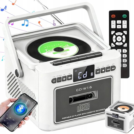 Retro muziekspeler - Bluetooth Speaker - Combispeler - CD speler - 5000mAh Batterij - CD/Cassette/Radio/Bluetooth - Met Afstandsbediening - Voor Binnen & Buiten - Wit van Merkloos