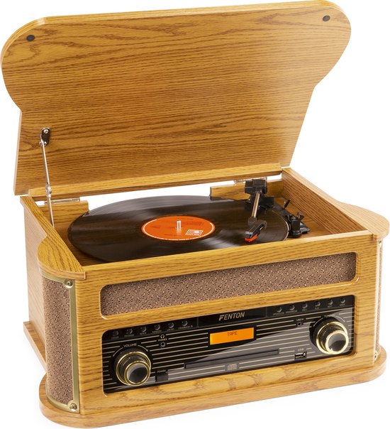 Retro platenspeler Bluetooth - Fenton Memphis - Met FM en DAB radio - Cassette speler - Lichtbruin