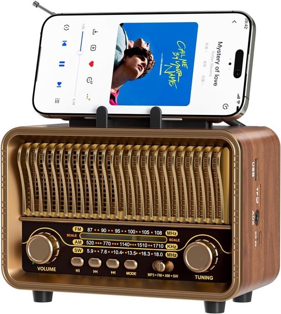 Retro Radio met Bluetooth 5.4 - AM FM SW Wereldradio met Houten Look - Draagbare Bluetooth Speaker met USB TF Kaart Ondersteuning - Oplaadbare Vintage Radio voor Thuis en Buiten