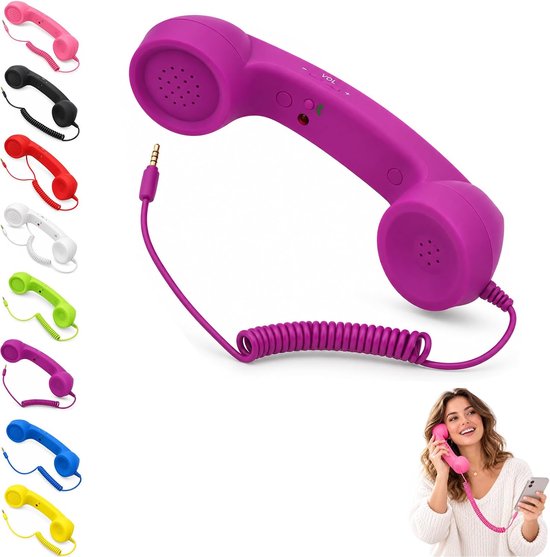 Retro Telefoonhoorn - 3,5 mm Aansluiting - Geschikt voor Smartphones, Computers & Tablets - Microfoon & Luidspreker - Eénknops Oproepbediening - Volumeregeling - Vintage Design - Paars
