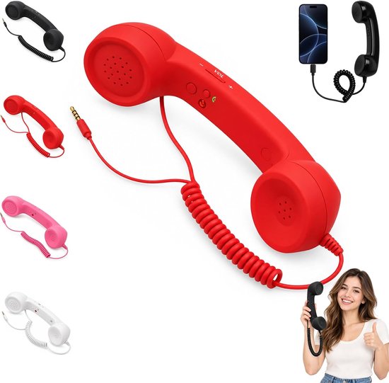 Retro Telefoonhoorn - 3,5 mm Aansluiting - Geschikt voor Smartphones, Computers & Tablets - Microfoon & Luidspreker - Eénknops Oproepbediening - Volumeregeling - Vintage Design - Rood