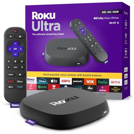 Roku Ultra 2024 - Ultieme streaming-speler - 4K-streamingapparaat voor tv met HDR10+, Dolby Vision & Atmos - Bluetooth en Wi-Fi 6 - Oplaadbare spraakafstandsbediening Pro met verlichte knoppen -