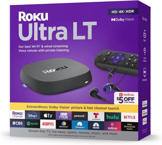 Roku Ultra LT (2023) HD/4K/HDR Dolby Vision Quad-Core streaming-speler met HDMI-kabel, hoofdtelefoon, spraakafstandsbediening met privé luisteren, Ethernet