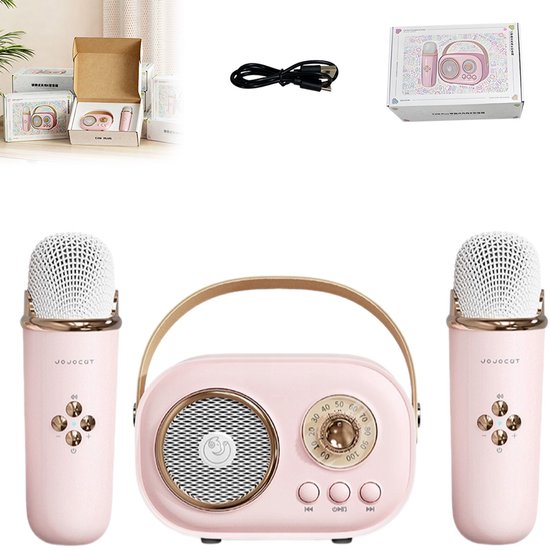 Roze C20PLUS draagbare draadloze Bluetooth-karaokespeaker en -microfoon (alles-in-één) – Geschikt voor gebruik buitenshuis en thuisentertainment/karaoke – Stereospeaker met twee microfoons – ABS-materiaal