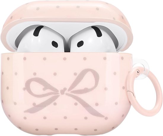 Roze hoesje voor Airpods 4 Gen, Schattige Esthetische Grijze Lint Strik en Polka Dots Print Patroon Ontwerp met Sleutelhanger voor Meisjes & Vrouwen Zachte TPU Schokbestendige Hoes voor Apple
