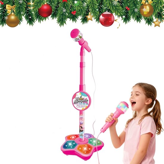 Roze Karaokemicrofoon voor kinderen met verstelbare standaard - draagbare microfoon om mee te zingen, in hoogte verstelbaar, met knipperende lichtshow in de voet - voor jongens en meisjes van 3 tot 6 jaar