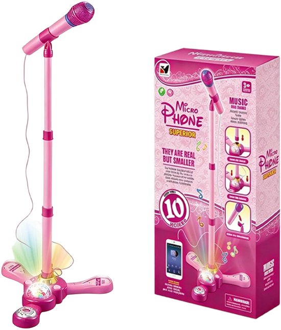 Roze Karaokemicrofoon voor Kinderen - Verstelbare Standaard 40-90 cm - Roterende Lichtbal - 10 Geluidseffecten - Voor Smartphone & MP3 - Vanaf 3 Jaar