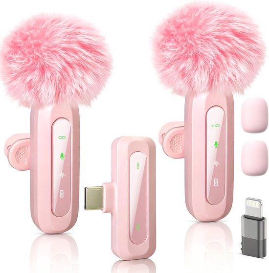 Roze microfoon geschikt voor iPhone en USB-C stekker, lavalier-microfoon geschikt voor ruisonderdrukking, led-display en draaibare clip, ideaal voor vlog, TikTok en het maken van inhoud
