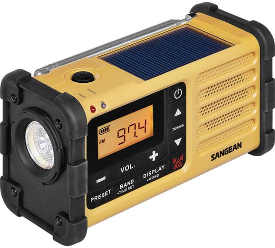 Sangean Outdoorradio AM, FM Noodradio Zaklamp, Oplaadbaar, Zonnepaneel Zwart, Geel van Merkloos