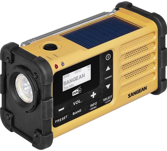 Sangean Outdoorradio DAB+, FM Noodradio Zaklamp, Oplaadbaar, Zonnepaneel Zwart, Geel van Merkloos