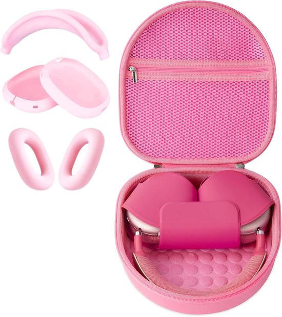 schaal voor Apple Airpods Max, draagbare tas met netvakken voor accessoires (roze etui, siliconen hoes)