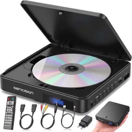 Sencision Mini DVD Speler met HDMI - Regiovrij - Full HD 1080P - CD en DVD Speler voor TV - USB & MicroSD - Incl. Afstandsbediening & Kabels - Zwart