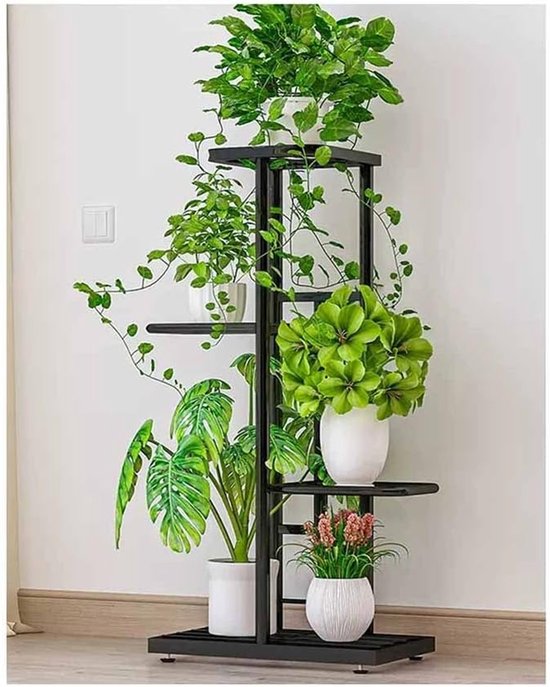 SERALUXE - Plantenrek met 4 Lagen - Plantenstandaard - Plantentafel - Plantenrekken - Plantentrap - Plantentafeltje voor binnen - buiten - Bloemenrek - Planten etagere - Metaal - Zwart