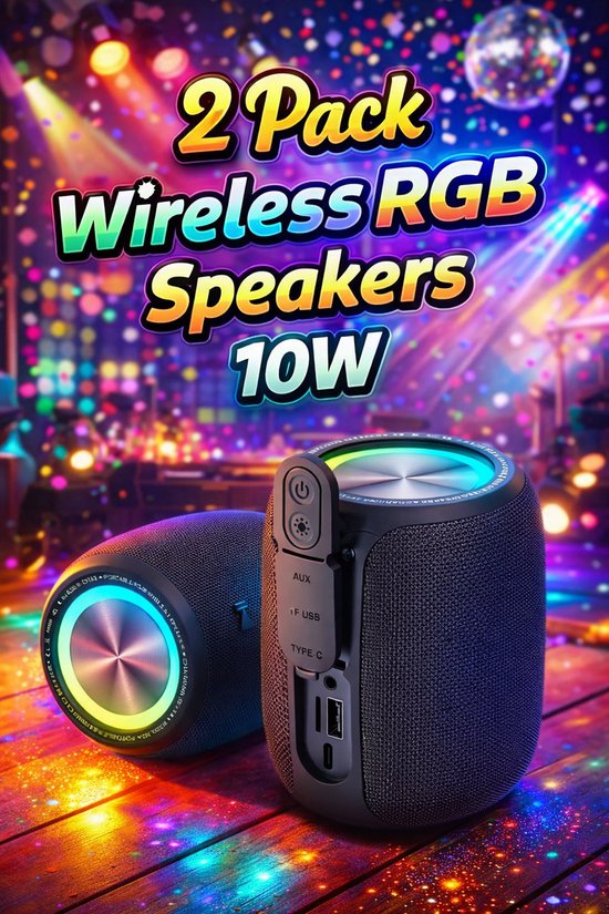 Set van 2 Draadloze Bluetooth Speakers 10W – Koppelbaar Stereo – Waterbestendig – RGB LED – Draagbare Outdoor Speaker met USB/TF/AUX/FM – Zwart van Merkloos