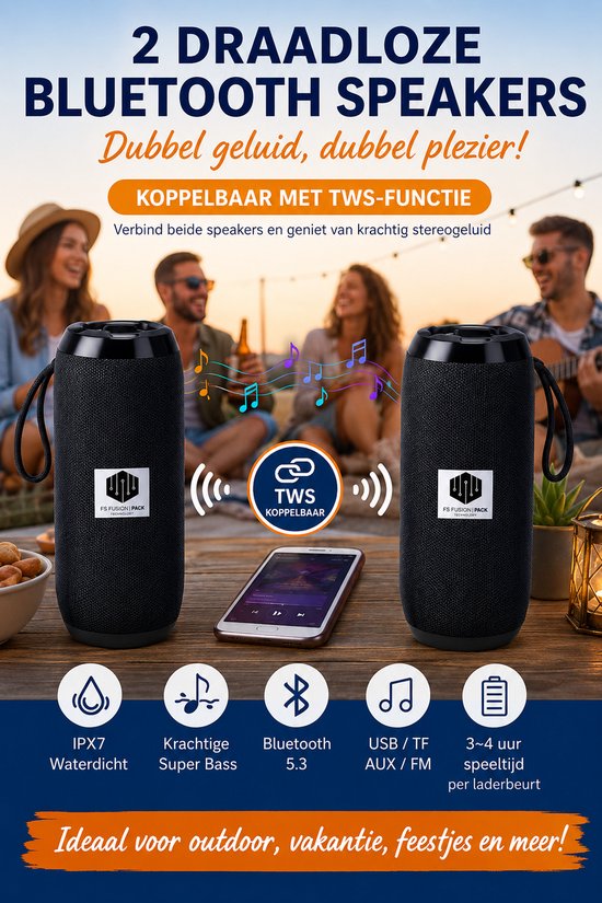 Set van 2 Draadloze Bluetooth Speakers 10W – TWS Koppelbaar – IPX7 Waterdicht – Draagbare Outdoor Speaker – Super Bass – Bluetooth 5.3 – USB TF AUX FM – 1200mAh – 2x speakers Zwart